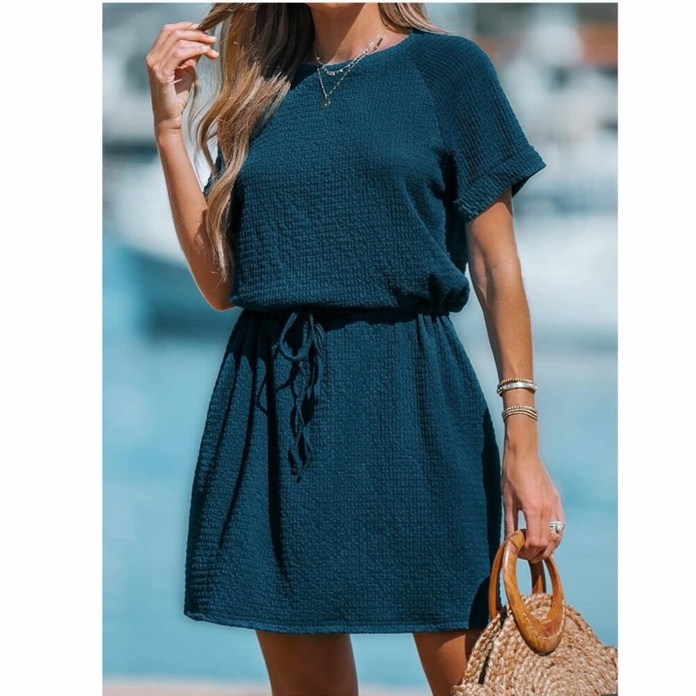 NWT Cupshe Teal Blue Short Sleeve Tie-Waist Mini Dress